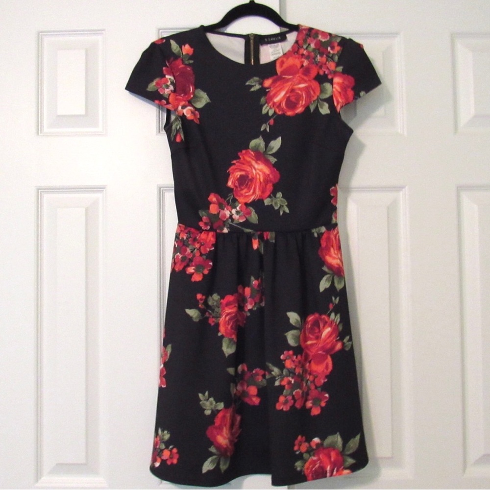 black fit & flare dress with rose pattern